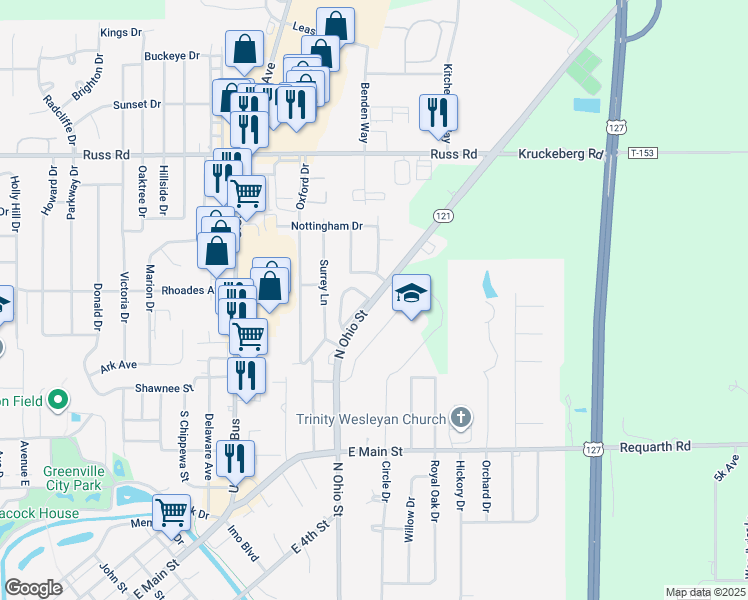 map of restaurants, bars, coffee shops, grocery stores, and more near 1096 Ohio 121 in Greenville
