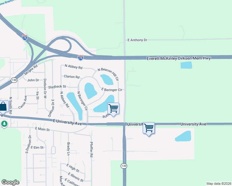 map of restaurants, bars, coffee shops, grocery stores, and more near 3021 Rutherford Drive in Urbana