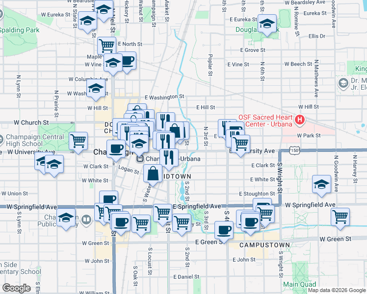 map of restaurants, bars, coffee shops, grocery stores, and more near 129 East University Avenue in Champaign