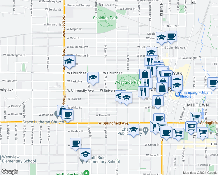 map of restaurants, bars, coffee shops, grocery stores, and more near 505 West University Avenue in Champaign