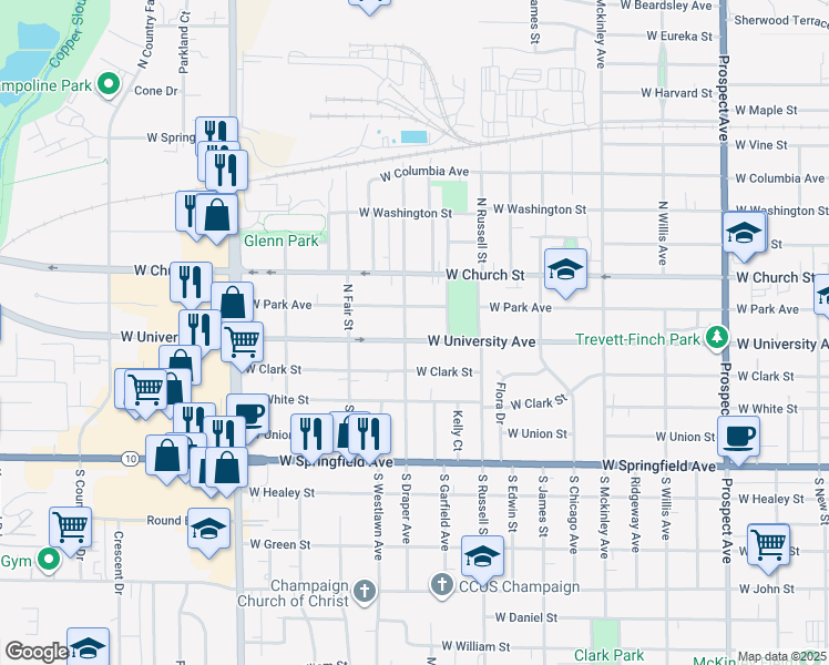 map of restaurants, bars, coffee shops, grocery stores, and more near 105 South Draper Avenue in Champaign