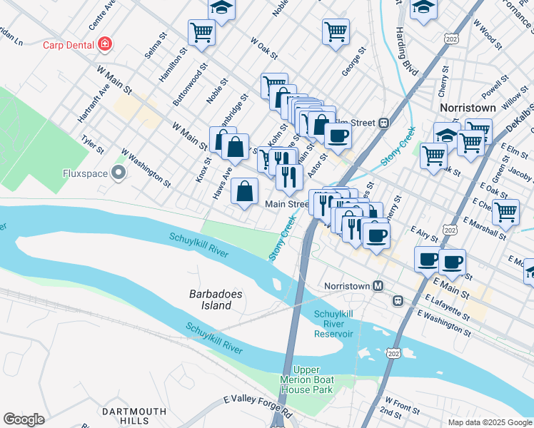 map of restaurants, bars, coffee shops, grocery stores, and more near 414 W Lafayette St in Norristown