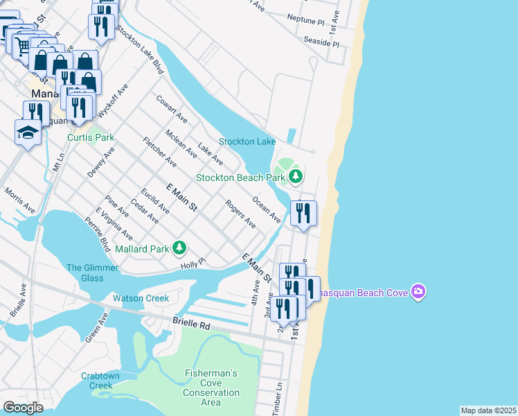 map of restaurants, bars, coffee shops, grocery stores, and more near 62 Rogers Avenue in Manasquan