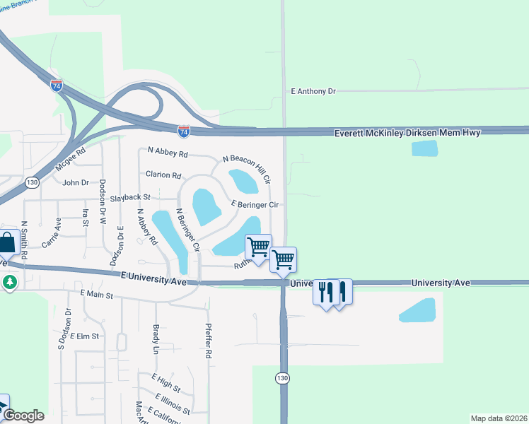 map of restaurants, bars, coffee shops, grocery stores, and more near 3021 Rutherford Drive in Urbana