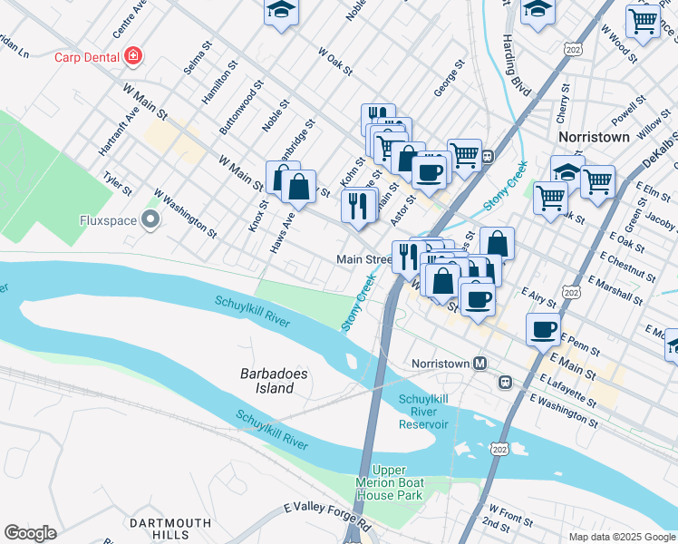 map of restaurants, bars, coffee shops, grocery stores, and more near 414 W Lafayette St in Norristown