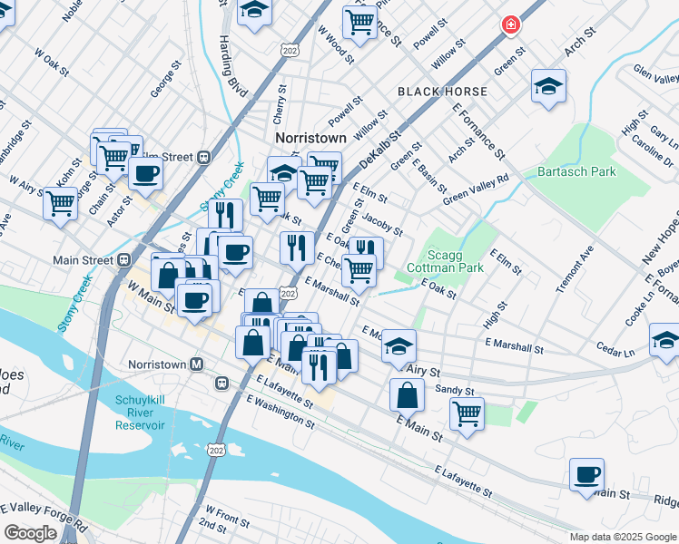 map of restaurants, bars, coffee shops, grocery stores, and more near 218 East Chestnut Street in Norristown