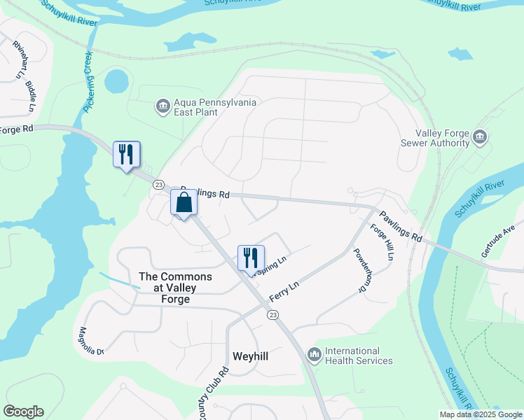map of restaurants, bars, coffee shops, grocery stores, and more near 45 Guilford Circle in Phoenixville