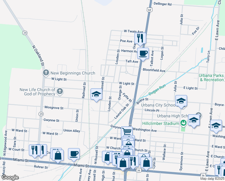 map of restaurants, bars, coffee shops, grocery stores, and more near 423 Louden Street in Urbana