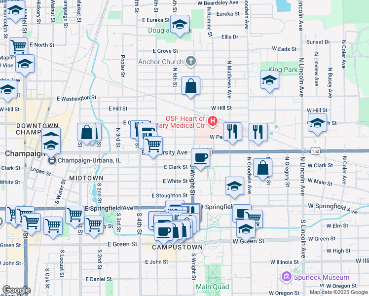 map of restaurants, bars, coffee shops, grocery stores, and more near 601 East University Avenue in Champaign