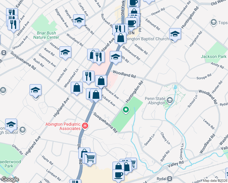 map of restaurants, bars, coffee shops, grocery stores, and more near 1836 Horace Avenue in Abington