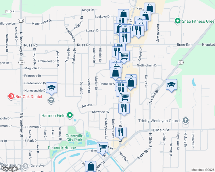 map of restaurants, bars, coffee shops, grocery stores, and more near 283 Ark Avenue in Greenville