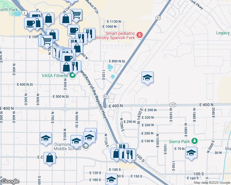 map of restaurants, bars, coffee shops, grocery stores, and more near 1201 East 540 North in Spanish Fork