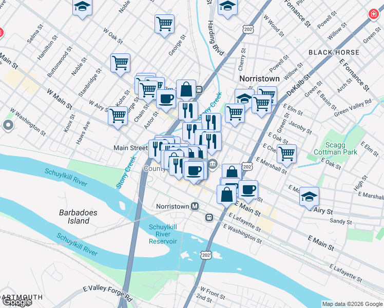map of restaurants, bars, coffee shops, grocery stores, and more near 411 Cherry Street in Norristown