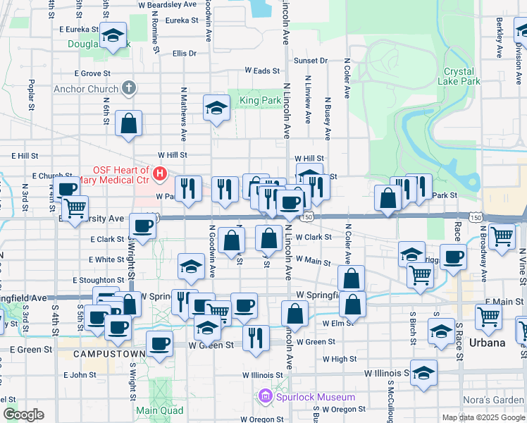 map of restaurants, bars, coffee shops, grocery stores, and more near 1003 West University Avenue in Urbana
