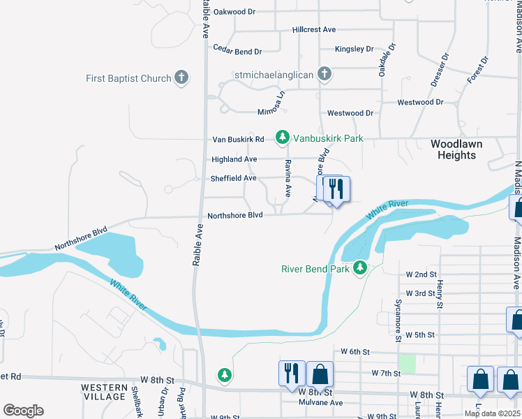 map of restaurants, bars, coffee shops, grocery stores, and more near 2218 North Shore Boulevard in Anderson