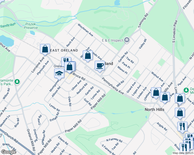 map of restaurants, bars, coffee shops, grocery stores, and more near 1256 Pennsylvania Avenue in Oreland