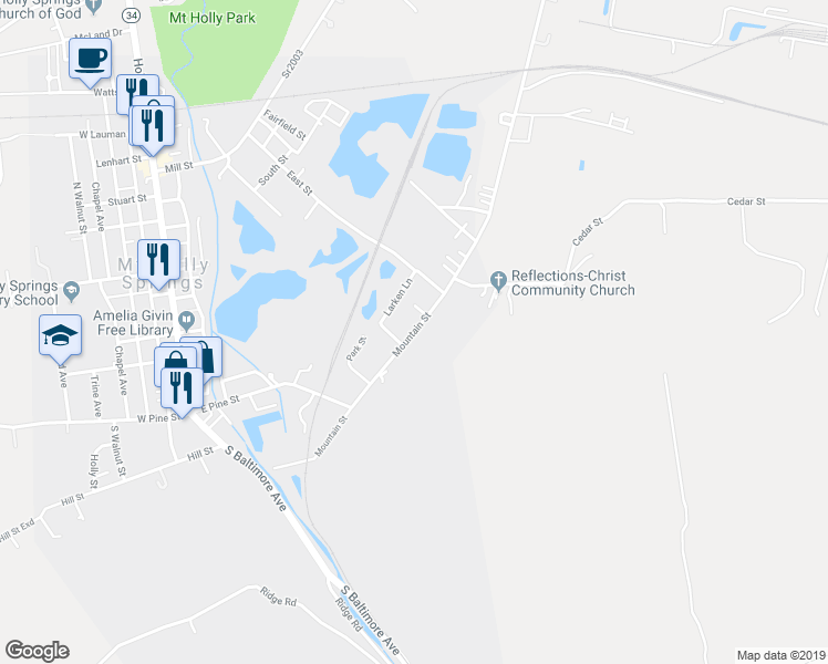 map of restaurants, bars, coffee shops, grocery stores, and more near 47 Mountain Street in Mount Holly Springs