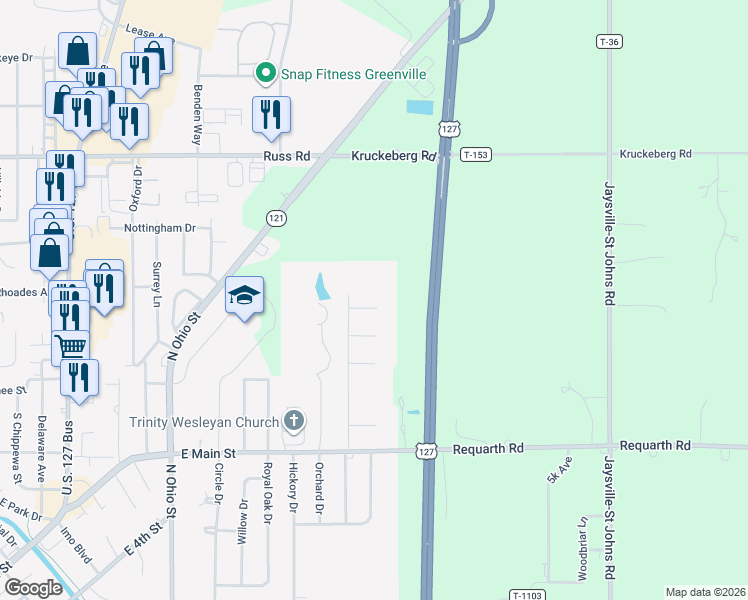 map of restaurants, bars, coffee shops, grocery stores, and more near 105 Bluestone Court in Greenville