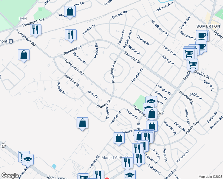 map of restaurants, bars, coffee shops, grocery stores, and more near 11010 Audubon Avenue in Philadelphia