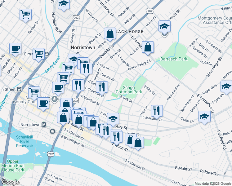 map of restaurants, bars, coffee shops, grocery stores, and more near 338 East Chestnut Street in Norristown