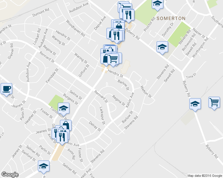 map of restaurants, bars, coffee shops, grocery stores, and more near 802 Densmore Road in Philadelphia