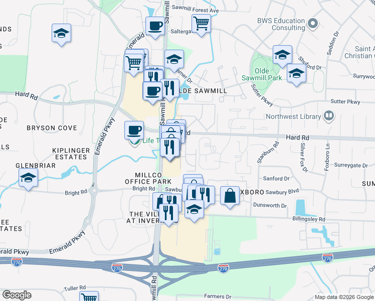 map of restaurants, bars, coffee shops, grocery stores, and more near 7894 Meadowhaven Boulevard in Columbus