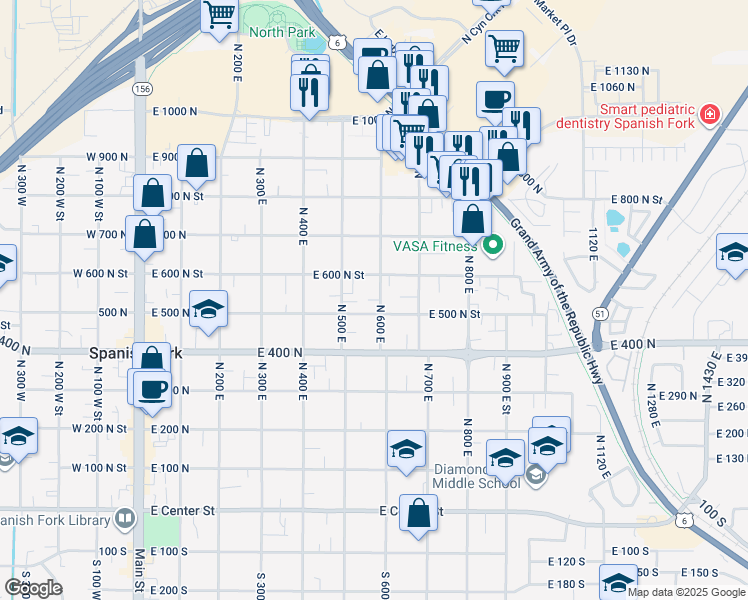 map of restaurants, bars, coffee shops, grocery stores, and more near 572 North 500 East in Spanish Fork