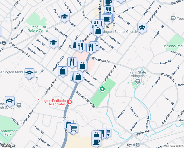 map of restaurants, bars, coffee shops, grocery stores, and more near 1836 Horace Avenue in Abington