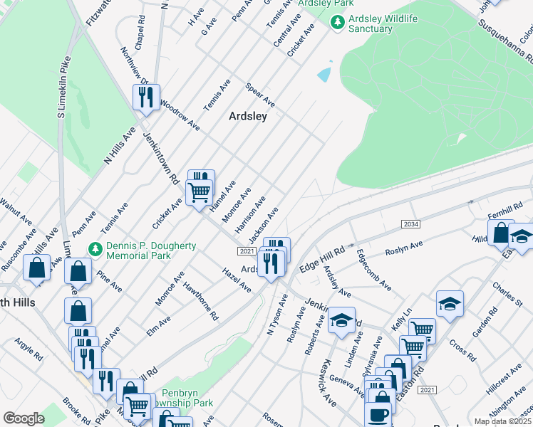 map of restaurants, bars, coffee shops, grocery stores, and more near 630 Jackson Avenue in Glenside
