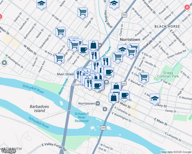 map of restaurants, bars, coffee shops, grocery stores, and more near 411 Cherry Street in Norristown