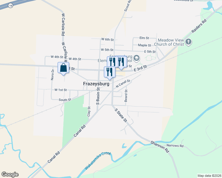 map of restaurants, bars, coffee shops, grocery stores, and more near 6 North State Street in Frazeysburg