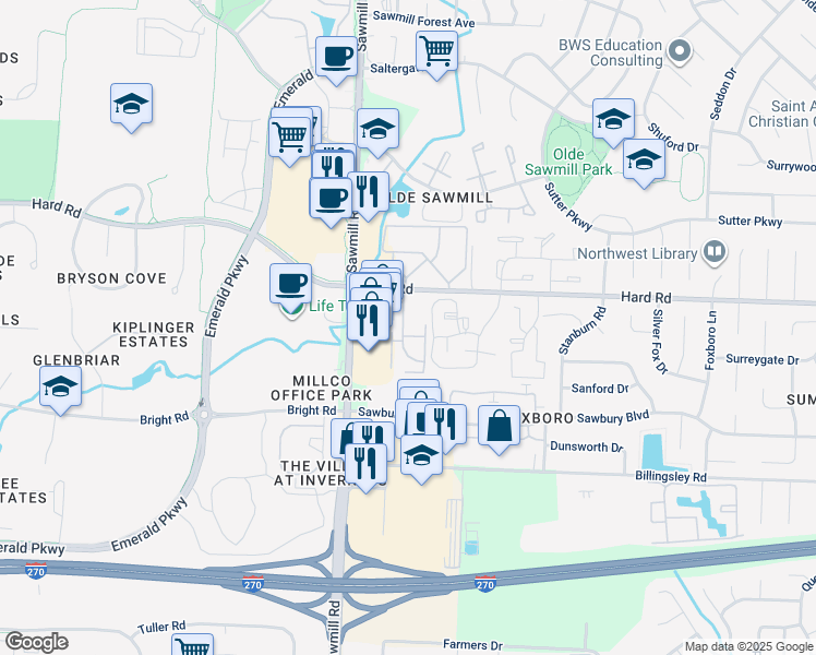 map of restaurants, bars, coffee shops, grocery stores, and more near 7866 Meadowhaven Boulevard in Columbus