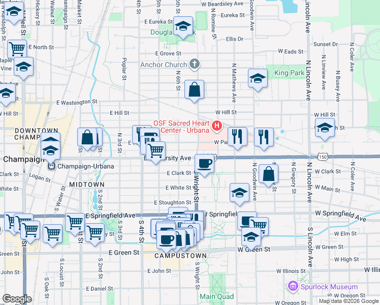 map of restaurants, bars, coffee shops, grocery stores, and more near 601 East University Avenue in Champaign