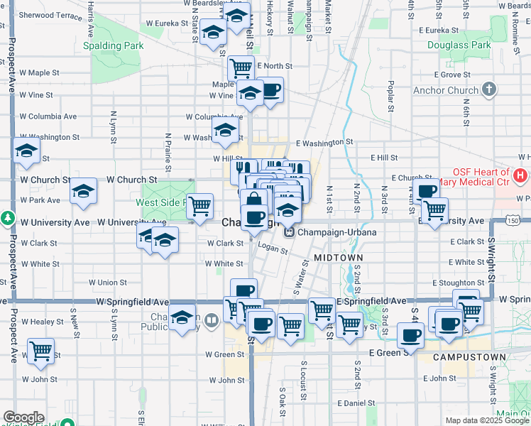 map of restaurants, bars, coffee shops, grocery stores, and more near 132 South Market Street in Champaign