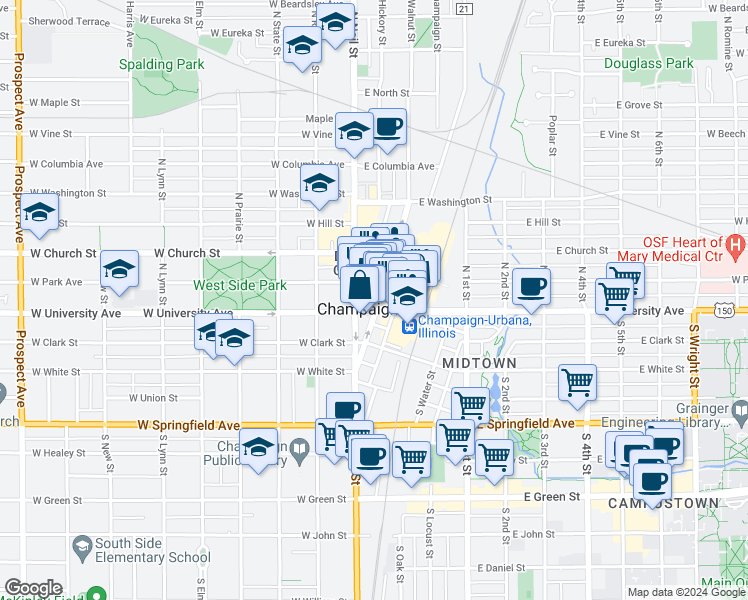 map of restaurants, bars, coffee shops, grocery stores, and more near 132 South Market Street in Champaign