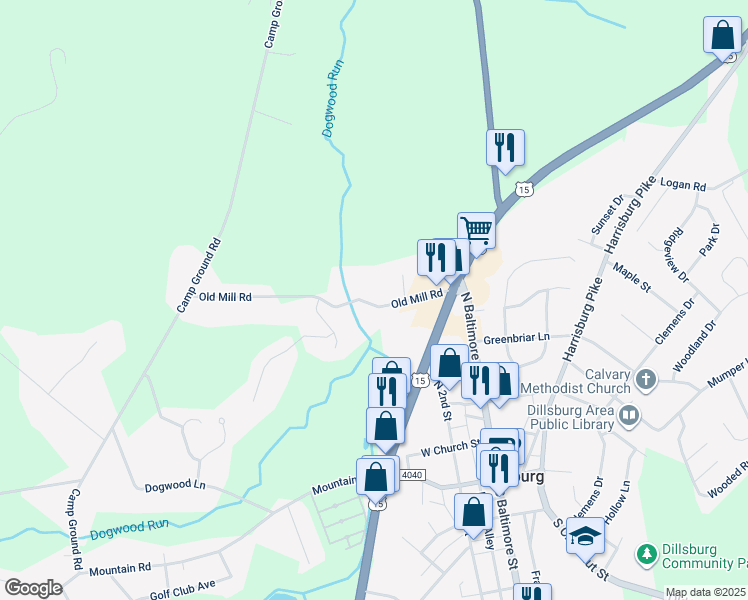map of restaurants, bars, coffee shops, grocery stores, and more near 20 Old Mill Road in Dillsburg