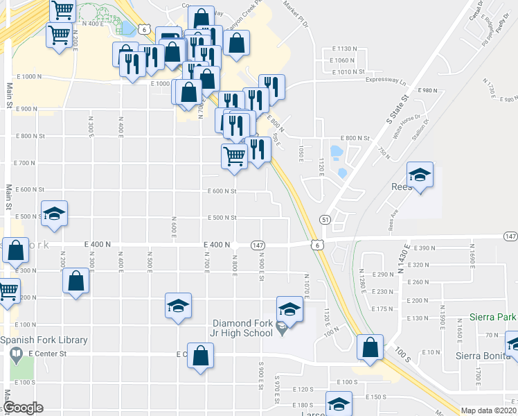 map of restaurants, bars, coffee shops, grocery stores, and more near 589 North 880 East Street in Spanish Fork