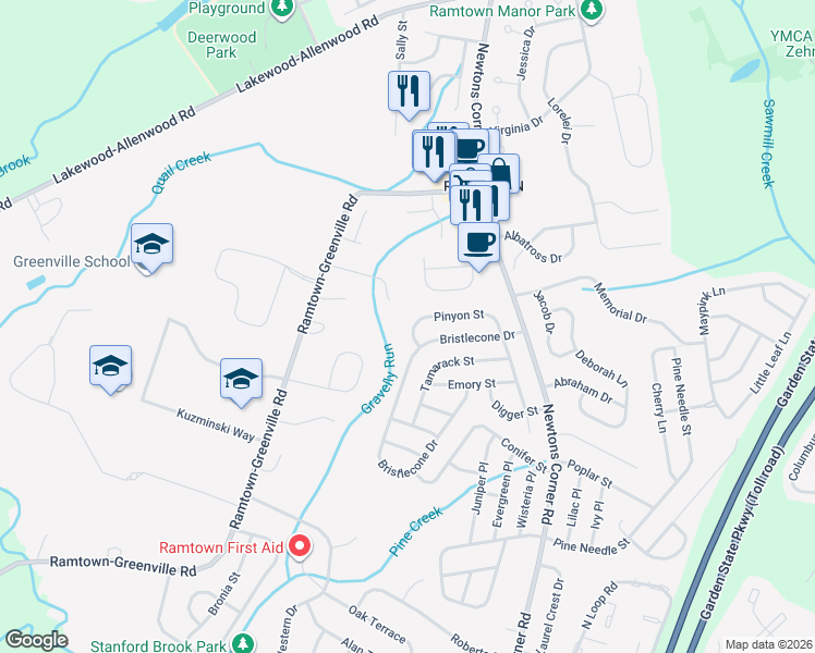 map of restaurants, bars, coffee shops, grocery stores, and more near 30 Bristlecone Drive in Howell Township