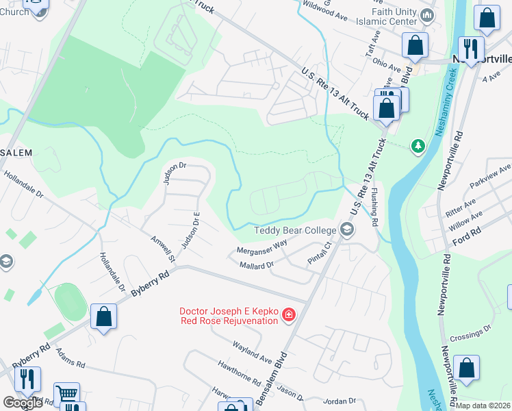 map of restaurants, bars, coffee shops, grocery stores, and more near 1151 Newport Mews Drive in Bensalem
