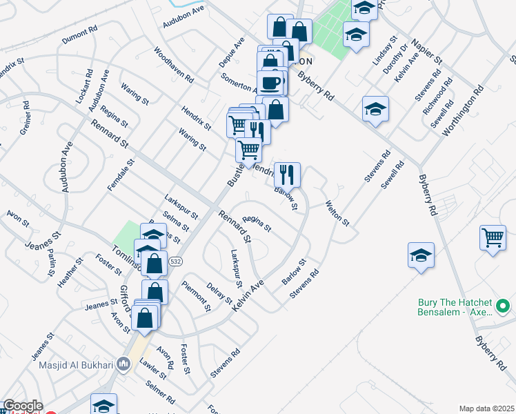 map of restaurants, bars, coffee shops, grocery stores, and more near 802 Densmore Road in Philadelphia