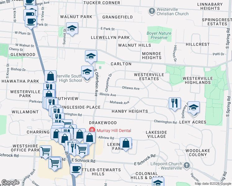 map of restaurants, bars, coffee shops, grocery stores, and more near 262 Mohawk Avenue in Westerville