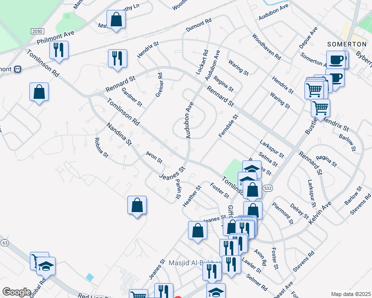 map of restaurants, bars, coffee shops, grocery stores, and more near 11010 Audubon Avenue in Philadelphia