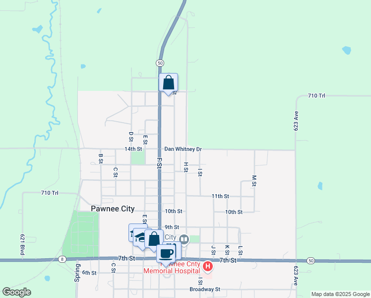 map of restaurants, bars, coffee shops, grocery stores, and more near 14th Street in Pawnee City