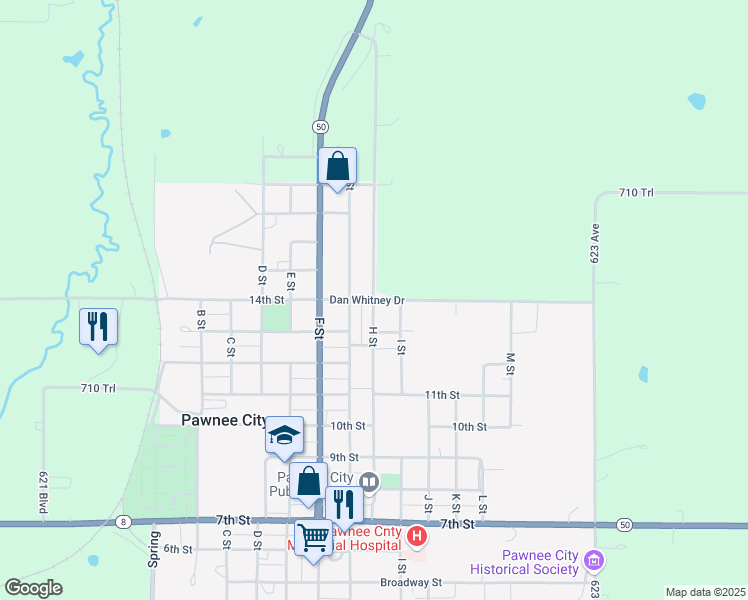 map of restaurants, bars, coffee shops, grocery stores, and more near 14th Street in Pawnee City