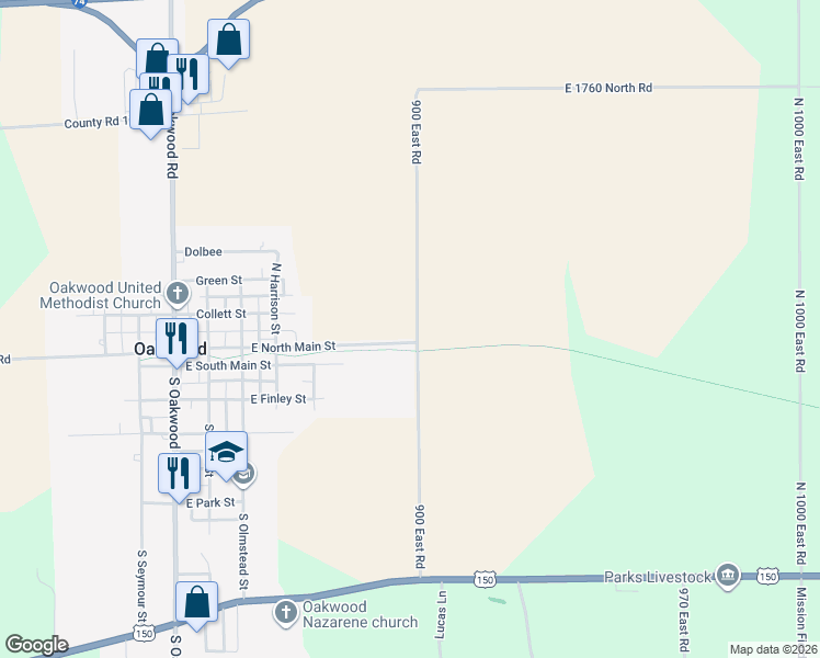 map of restaurants, bars, coffee shops, grocery stores, and more near 17200 North 900 East Road in Oakwood