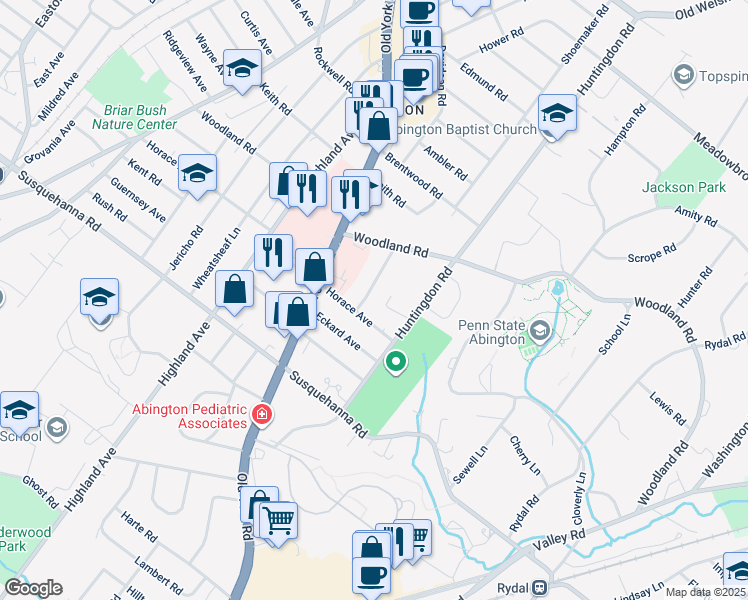 map of restaurants, bars, coffee shops, grocery stores, and more near 1217 Bockius Avenue in Abington