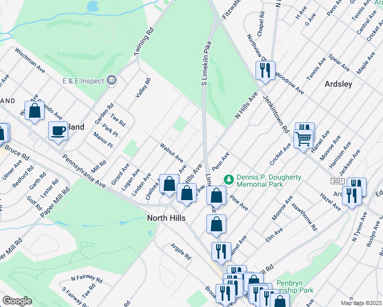 map of restaurants, bars, coffee shops, grocery stores, and more near 318 Ruscombe Avenue in Glenside
