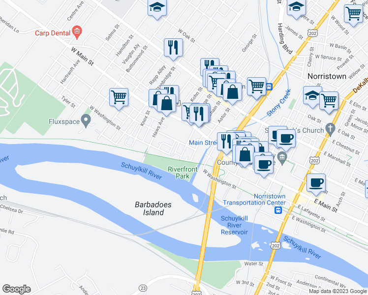map of restaurants, bars, coffee shops, grocery stores, and more near 500 West Lafayette Street in Norristown