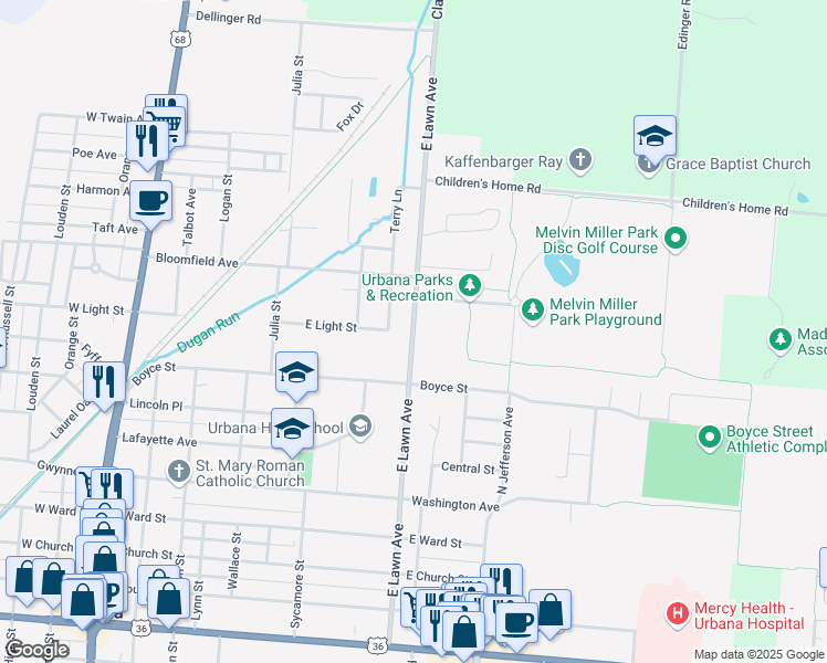 map of restaurants, bars, coffee shops, grocery stores, and more near East Lawn Avenue in Urbana