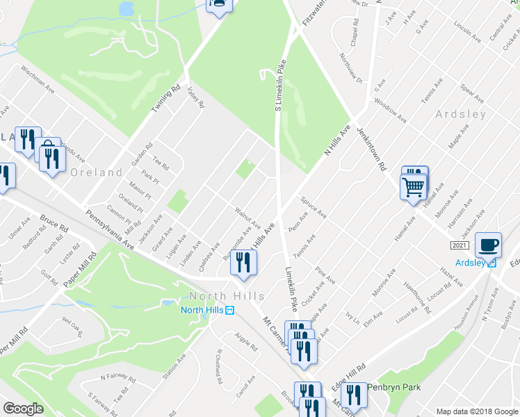 map of restaurants, bars, coffee shops, grocery stores, and more near 318 Ruscombe Avenue in Glenside
